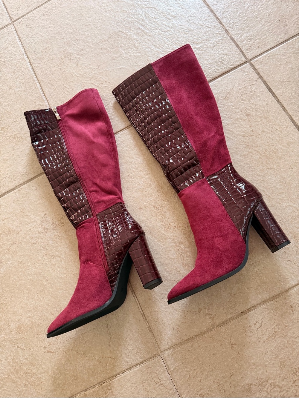 Women's Burgundy Suede and Croc-Texture Knee Boots